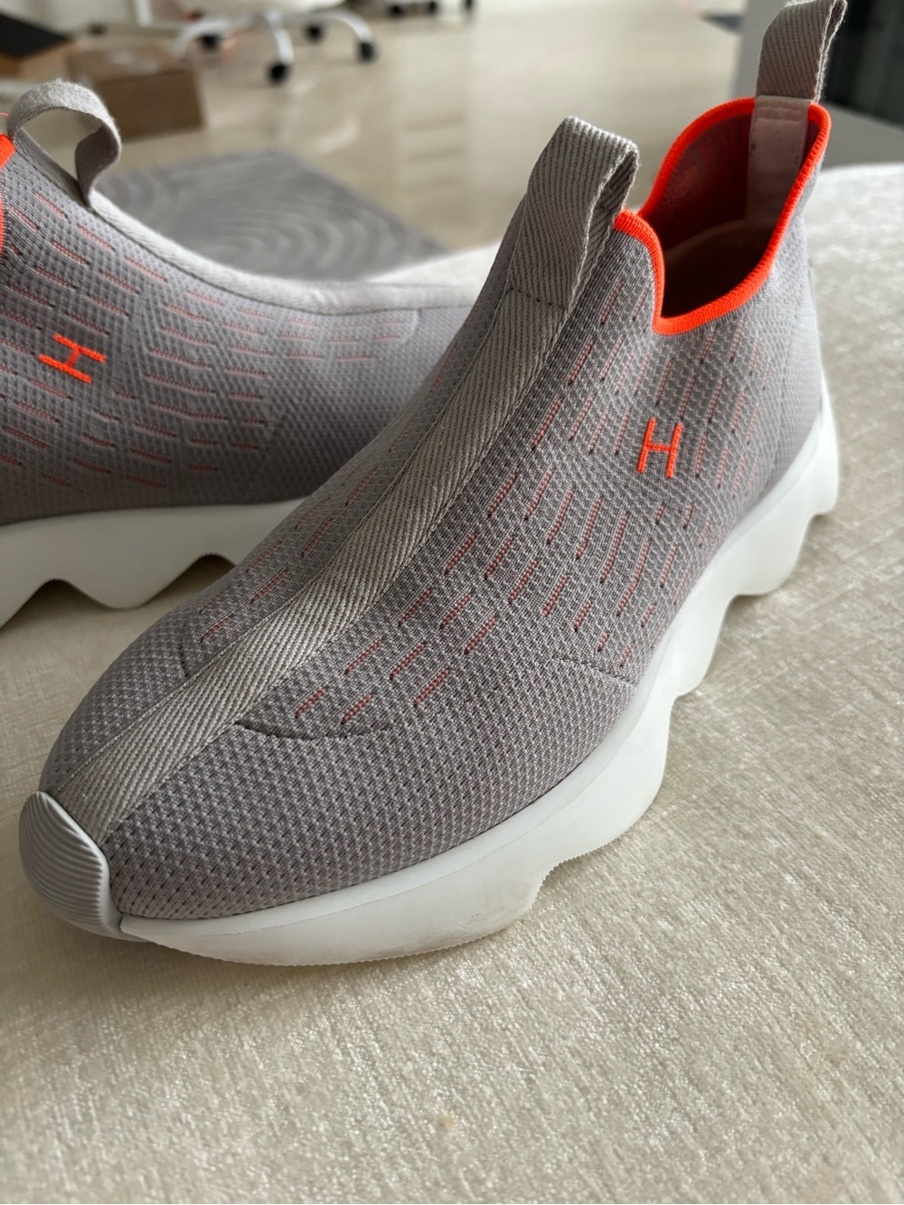 Hermes Knit Women’s Sneakers in Light Gray with Orange Trim